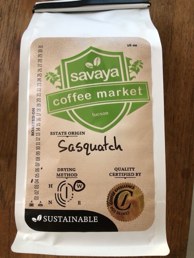 A Savaya single-origin coffee bag with its roasted-on date wheel.